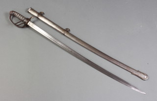 A Victorian officers triple bar hilted sword, the etched blade with royal cipher complete with scabbard 