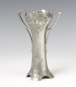 An Art Nouveau WMF style pewter twin handled vase frame with floral decoration 14cm x 5cm diam. 