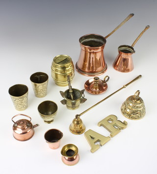 A WMF waisted copper Turkish coffee pot with iron and straw work handle, the base with WMF mark 10cm x 10cm, 1 other similar base marked LC 7cm x 6cm, brass money box in the form of a barrel 8cm x 5cm, 2 Benares brass spirit measures and a small collection of copper and brassware