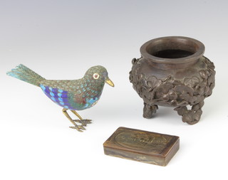 A cloisonne figure of a bird 9cm x 13cm, a 19th Century rectangular horn snuff box, the lid decorated figures and marked Leserment Des Tmois Sisses 1cm x 7cm x 4cm, a circular bronze censer with vinery decoration raised on 3 pierced supports 8cm x 7cm 