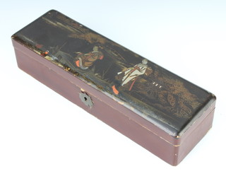 A rectangular Chinese lacquered box the lid decorated Geishas with hinged lid 6cm x 28cm x 8cm 