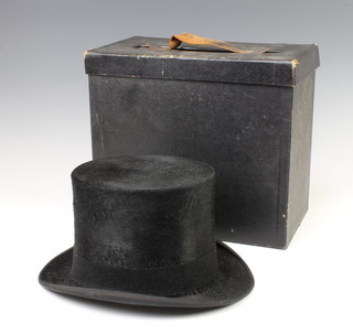 A gentleman's black silk top hat by Berkeleys 125 Victoria Street, complete with carrying case, size 6 7/8 