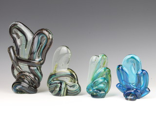 Four Mdina coloured glass sculptures 12cm, 12.5cm, 15cm and 22cm 