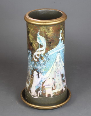 A painted chimney pot decorated with a procession of figures, suitable for use as a stick stand  