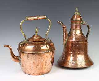 A planished copper Turkish coffee pot 37cm h x 22cm, together with a copper and brass kettle with acorn finial 27cm h x 16cm diam. 