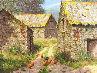 Edward Hersey (b.1948), oil on canvas signed, cockerell and chicken in a farmyard 29cm x 39cm 