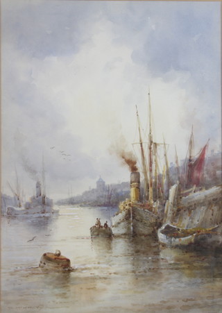 S McKinley, watercolour signed, Thames scene with moored vessels 34cm x 24cm 