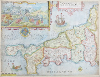 William Kip, map of Cornwall with coloured borders and vignette 29cm x 39cm  