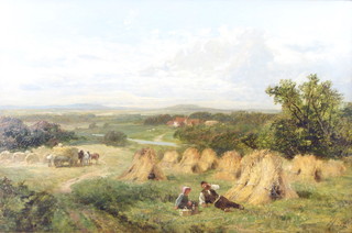 James Peel (1811-1906), oil on canvas signed, harvesters with figures, horses and distant hills, 28cm x 44cm  