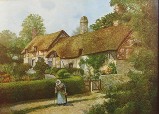 20th Century, print, lady before a cottage, 25cm x 36cm 