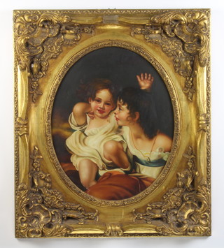 20th Century oil on canvas, unsigned, study of 2 young girls in Victorian manner, 49cm x 39cm 