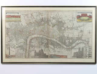 Map, a new and accurate plan of the Cities of London, Westminster and Borough of Southwark with the new roads and new buildings to the prefent year 1798 from the late survey to which is added many useful tables, views and etc, with coloured vignettes including Nelson's Column, St Paul's Cathedral, Westminster Abbey and The Queen's Palace together with a prospect of The Royal Palace at St James' 59cm x 105cm 
