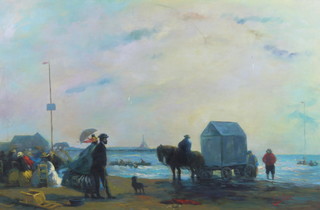 J. LeSaux, oil on board, Edwardian figures on a beach 49cm x 75cm 