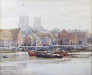 L G Walpole, watercolour signed, harbour scene with distant buildings 30cm x 36cm 