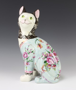 A reproduction figure of a Galle cat, the blue ground decorated with flowers 33cm 