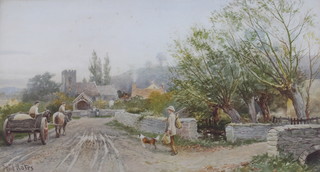 David Bates, watercolour signed, village street scene with figures and animals 29cm x 54cm 