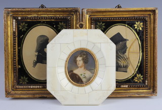A painted miniature of a lady contained in a piano key octagonal frame 13cm and 2 19th Century silhouette miniatures 11cm 
