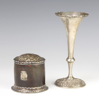 A Victorian silver mounted tortoiseshell trinket box London 1887 and a Sterling silver spill vase 