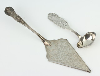 A Sterling silver serving spoon with pierced handle together with a plated cake slice 55 grams 