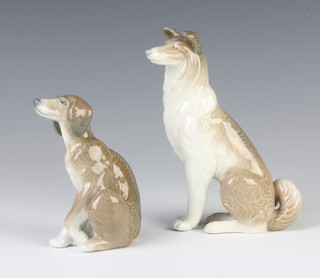 A Lladro figure of a seated hound 10cm, a ditto of a seated dog 15cm 
