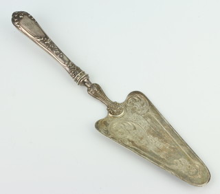 A cake knife with silver filled handle and silver blade 140 grams gross, 800 standard