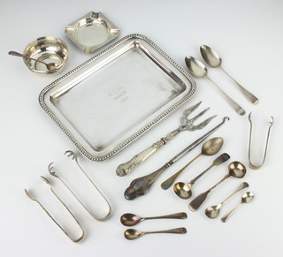An engine turned silver ashtray Birmingham 1960 and minor cutlery, 210 grams 