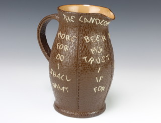 A Doulton Slaters motto leatherware jug, The Landlords Caution 21cm 