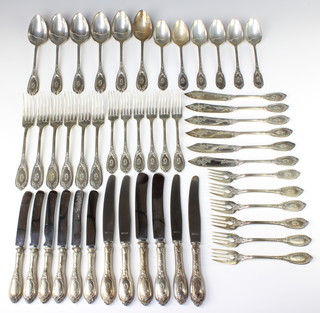 A canteen of 800 standard cutlery comprising 6 dinner forks, 6 dessert forks, 6 fish forks, 6 table spoons, 6 dessert spoons, 6 fish eaters, 2114 grams together with 6 silver handled dinner knives and 6 silver handled dessert knives 