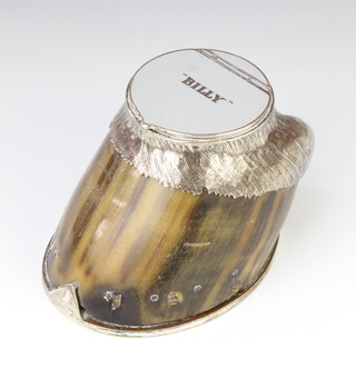 A novelty inkwell in the form of a silver plated mounted horses hoof inscribed "Billy" 
