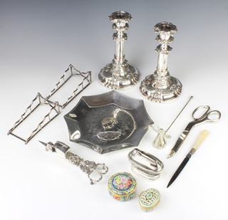 An octagonal silver plated commemorative dish and minor plated items