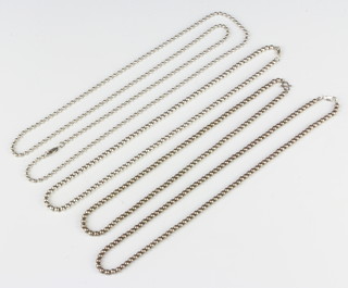 Four silver ball link necklaces, 72 grams