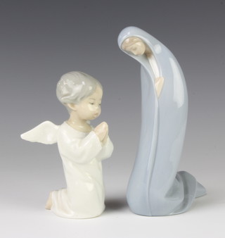 A Lladro figure of a kneeling lady 17cm, ditto of a kneeling angel 13cm 