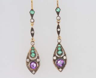 A pair of silver gilt Edwardian style amethyst, emerald and diamond drop earrings 37mm 