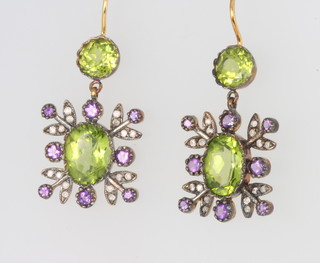 A pair of silver gilt peridot, amethyst and diamond floral earrings 25mm 