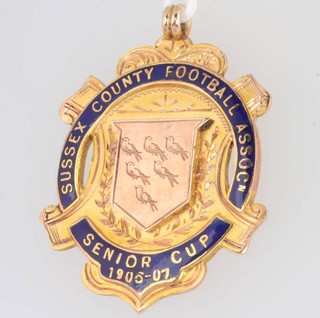 A Sussex County Football Association 9ct yellow gold and enamelled fob - Senior Cup 1906/1907, won by Hove FC, 8.7 grams, complete with original box 