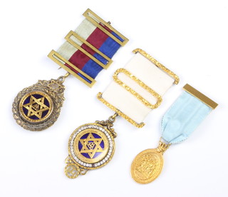 Two Scottish Constitution Royal Arch Chapter jewels 1 set with paste together with a gilt metal Quatuor Coronati Lodge jewel 