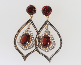 A pair of silver gilt Edwardian style garnet and diamond earrings 42mm 