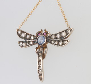 A yellow gold sapphire, ruby and diamond dragonfly pendant on an 18ct chain, 22mm 