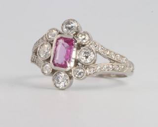 A platinum Edwardian style pink sapphire and diamond ring, size N  
