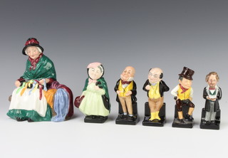 A Royal Doulton figure - Silks and Ribbons HN2017 15cm and 5 Royal Doulton Dickens figures - Sairey Gamp 11cm, Macawber 10cm, Sam Weller 10cm, Pickwick 10cm and Charles Dickens 9cm 
