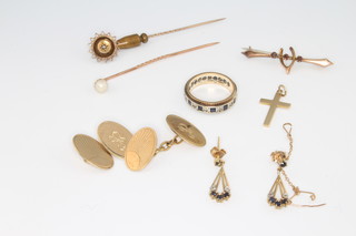 A pair of 9ct yellow gold cufflinks, a pair of ditto earrings, a bar brooch and crucifix together with 2 tie pins and a gem set ring, gross 16 grams 