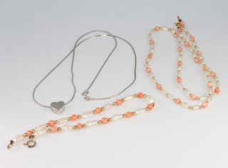 A 9ct white gold necklace and heart pendant 2.9 grams, a coral and baroque pearl necklace and bracelet 