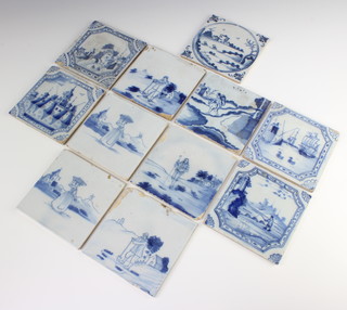 Eleven 19th Century Delft porcelain tiles decorated with figures, landscapes and buildings 13cm x 12cm 