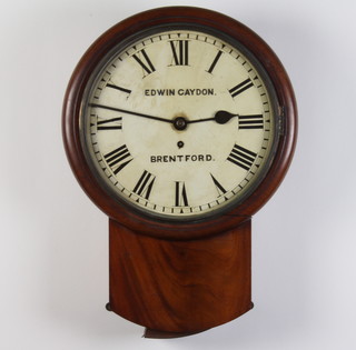 A fusee drop dial wall clock, the 10cm rectangular plain brass back plate marked 102 928, the 29cm painted dial with Roman numerals painted Edwin Caydon Brentford 