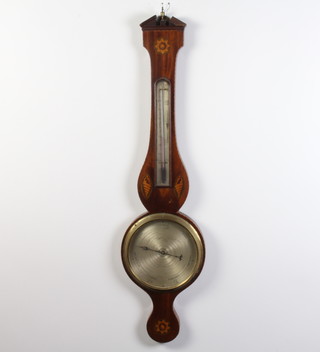 J Ortelly and Co, N49 Seath Lane, London, a mercury wheel barometer and thermometer contained in an inlaid mahogany frame 