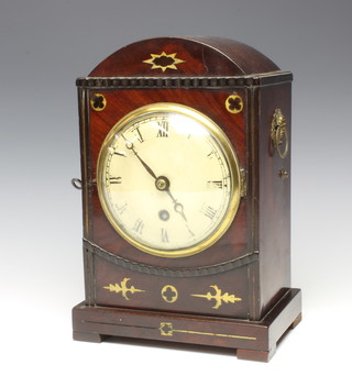A 19th Century single fusee bracket timepiece with plain 10cm brass back plate, contained in an arch shaped inlaid mahogany brass case with 12cm painted dial  