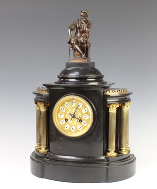 A D Mougin, a Victorian French striking mantel clock with gilt dial and Arabic numerals contained in a crescent shaped black marble architectural case surmounted by a bronze figure of a contemplative seated gentleman and with gilt columns to the sides, complete with key and pendulum  