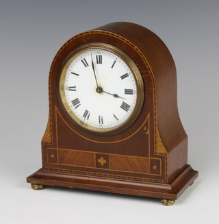 A Burne, a Swiss bedroom timepiece with enamelled dial and Roman numerals, contained in an arch shaped inlaid mahogany case (f)
