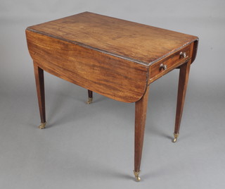 A Georgian mahogany Pembroke table fitted a drawer, raised on square tapered supports ending in brass caps and casters, 73cm h x 84cm w x 51cm d 