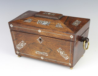 A Victorian rosewood and inlaid mother of pearl sarcophagus tea caddy with associated later glass bowl, raised on bun supports 15cm h x 26cm w x 15cm d